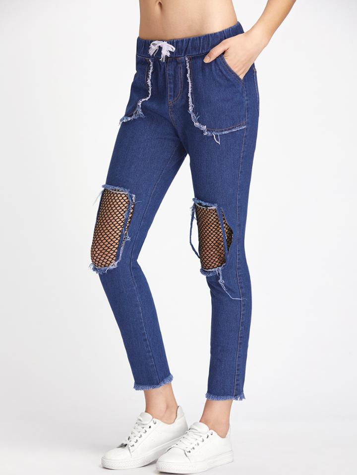 Romwe Destroyed Fishnet Insert Fray Hem Drawstring Waist Jeans