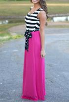 Romwe Color-block Striped With Belt Maxi Dress