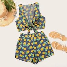Romwe Pineapple Print Tie Front Denim Top