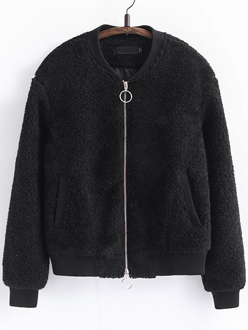 Romwe Black Zipper Up Faux Shearling Jacket