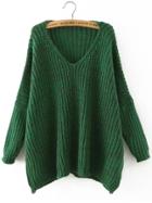 Romwe Green V Neck Batwing Sleeve Loose Sweater