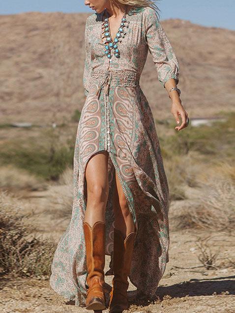 Romwe V Neck Vintage Print Slit Chiffon Dress