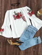 Romwe Bardot Embroidered Appliques Trumpet Sleeve Top