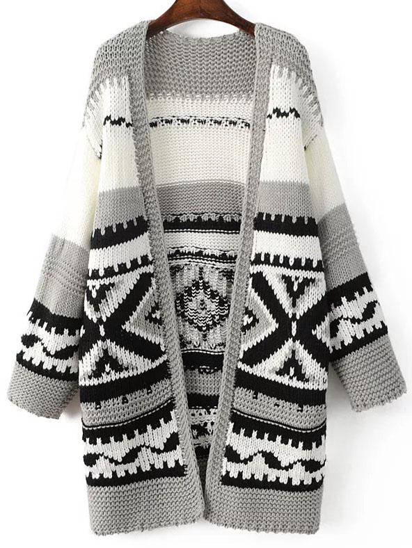 Romwe Grey Tribal Pattern Drop Shoulder Long Sweater Coat