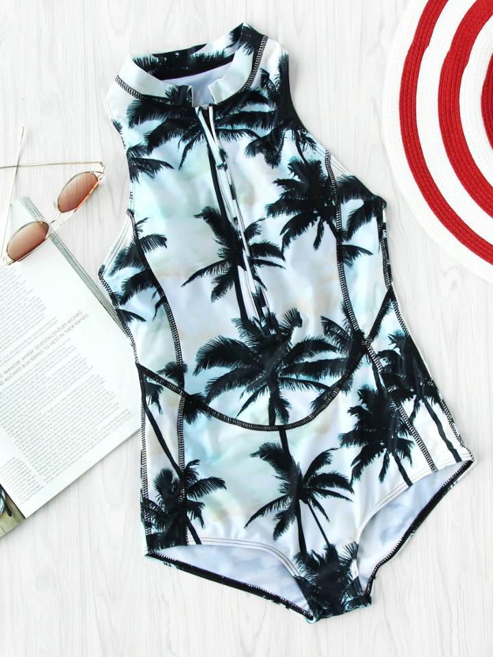 Romwe Palm Tree Seam Detail Zipper Up Swimsuit
