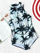 Romwe Palm Tree Seam Detail Zipper Up Swimsuit