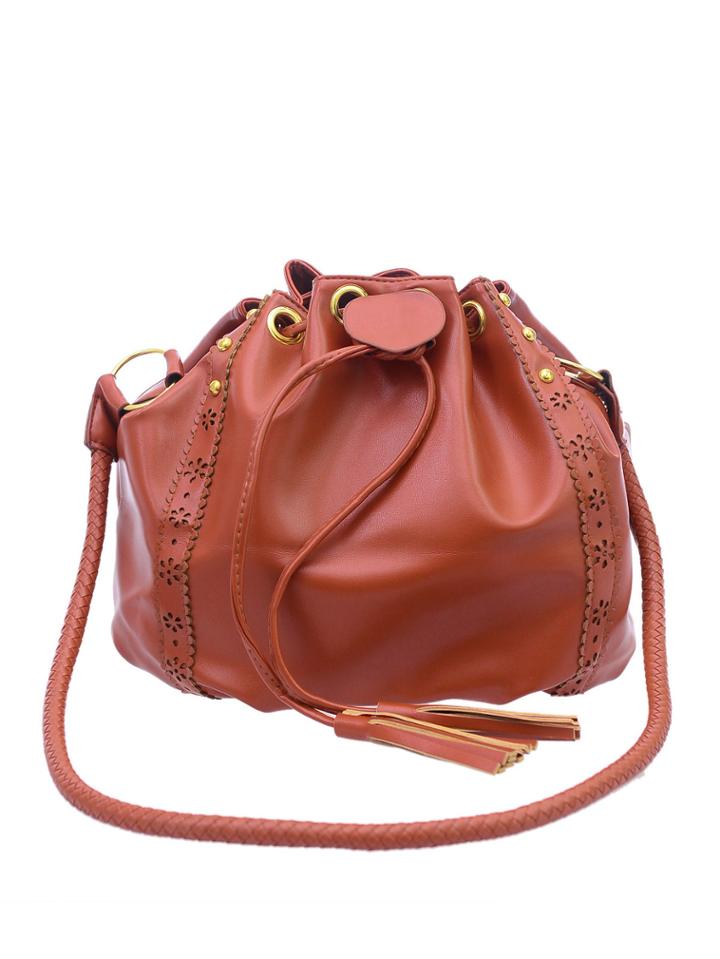 Romwe Laser-cut Braided Tassel Bucket Bag