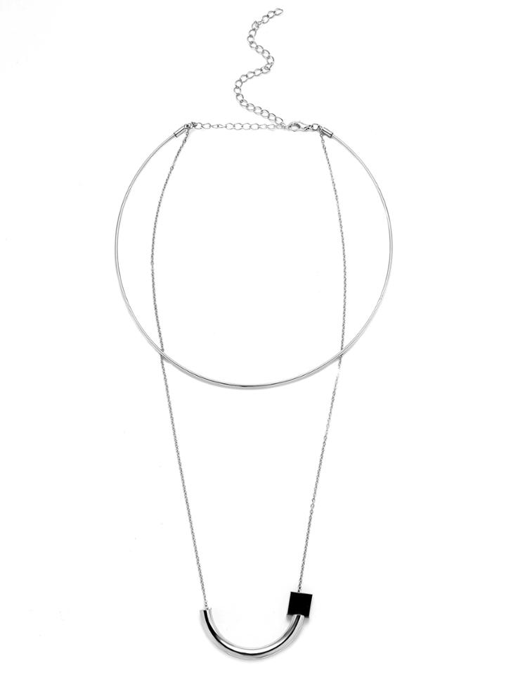Romwe Silver Layered Geometric Pendant Choker Necklace