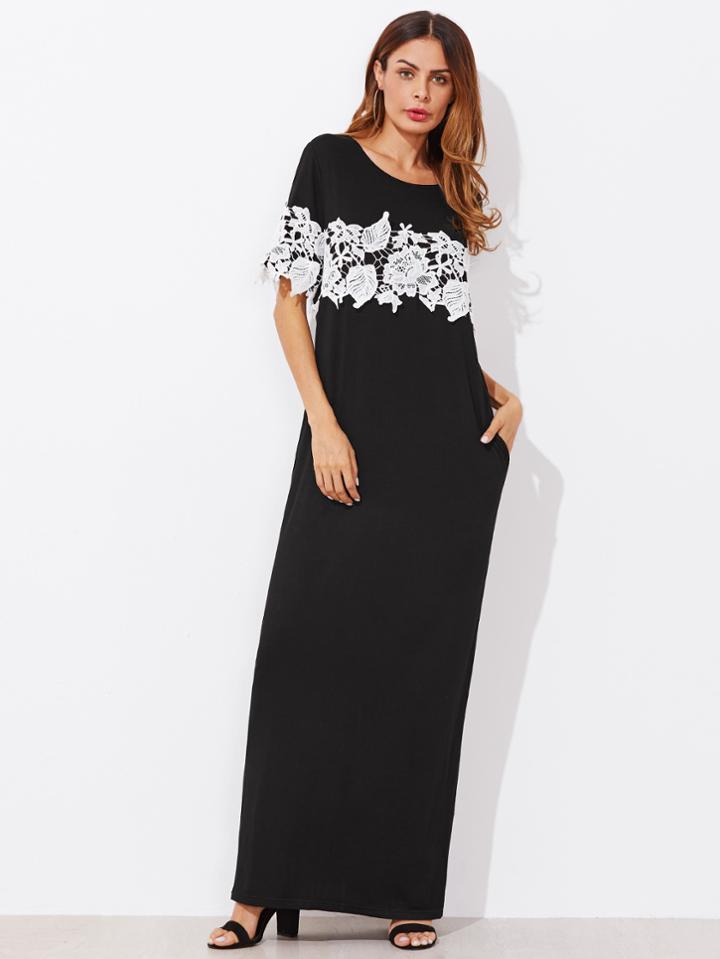 Romwe Contrast Lace Applique Column Dress