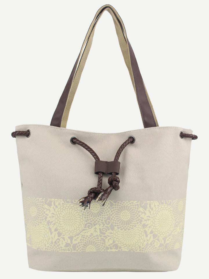 Romwe Beige Printed Braided Drawstring Canvas Tote Bag