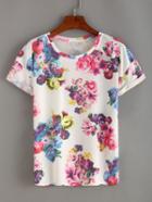 Romwe Colorful Flower Print White T-shirt