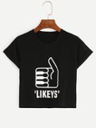 Romwe Thumbs Up Print Crop T-shirt - Black