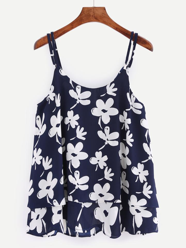 Romwe Flower Print Layered Chiffon Cami Top - Navy