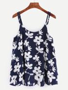 Romwe Flower Print Layered Chiffon Cami Top - Navy
