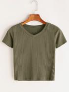 Romwe V Neck Ribbed Knitted T-shirt