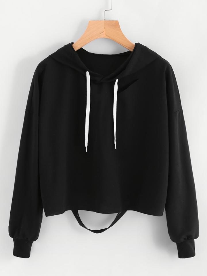 Romwe Cut Out Back Drawstring Hoodie