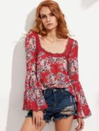 Romwe Red Flower Print Lace Insert Bell Sleeve Blouse