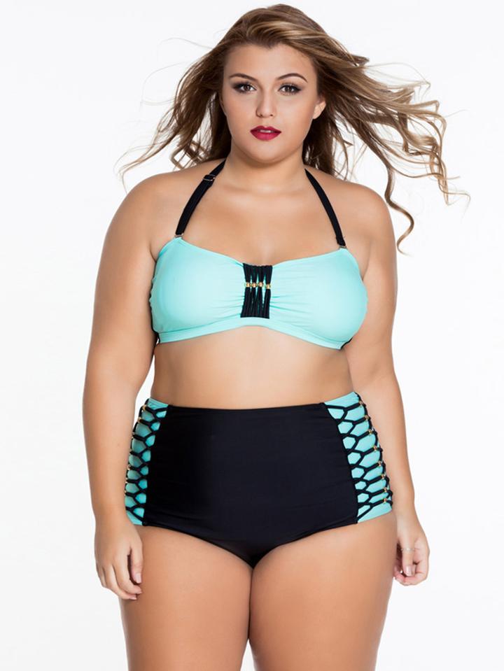 Romwe Plus Size Beaded Macrame Embellished Contrast Bikini Set