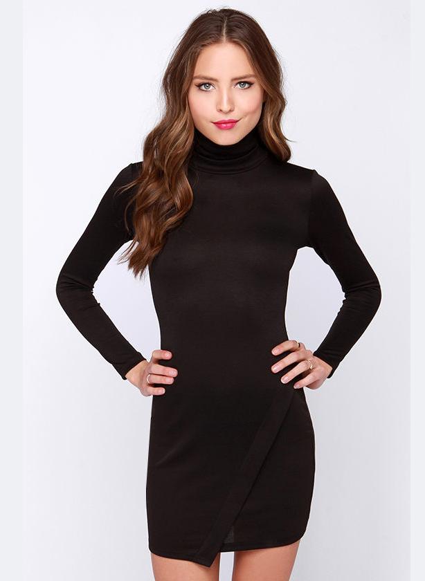 Romwe Black Long Sleeve Split Bodycon Dress