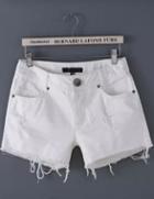 Romwe White Ripped Fringe Denim Shorts