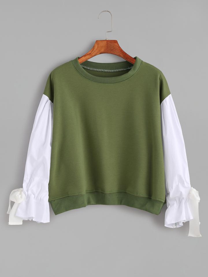 Romwe Army Green Contrast Sleeve Self Tie Cuff Sweatshirt