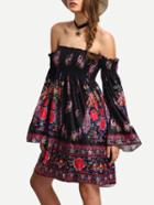 Romwe Off-the-shoulder Flare Sleeve Shirred Dress