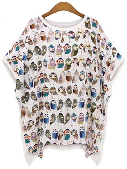 Romwe Bat Sleeve Owl Print White T-shirt