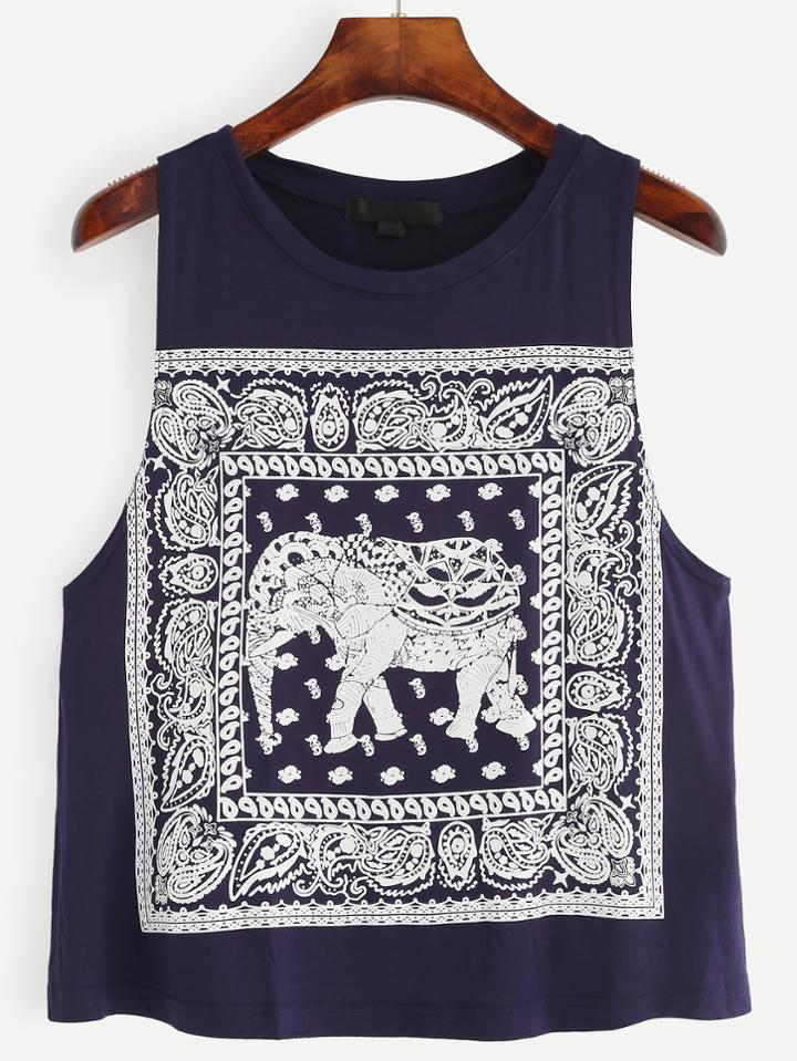 Romwe Navy Tribal Print Tank Top