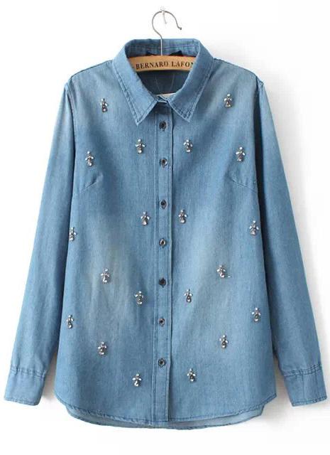 Romwe Bead Lapel Denim Blouse