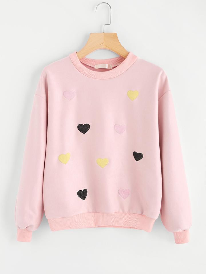 Romwe Colorful Heart Embroidered Sweatshirt