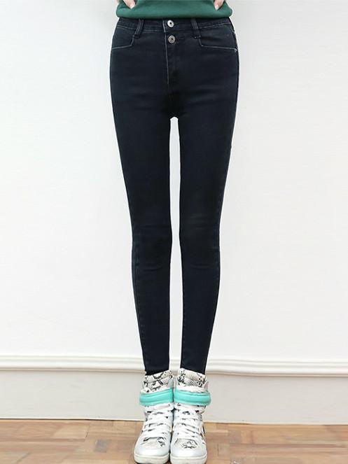 Romwe Buttons Slim Denim Black Pant