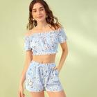 Romwe Floral Print Frill Trim Plisse Top With Shorts
