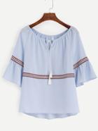 Romwe Blue Tie Neck High Low Embroidered Tape Detail Blouse