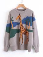 Romwe Giraffe Pattern Drop Shoulder Sweater