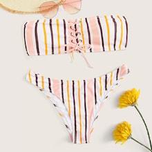 Romwe Striped Lace-up Bandeau With High Cut Bikini Set