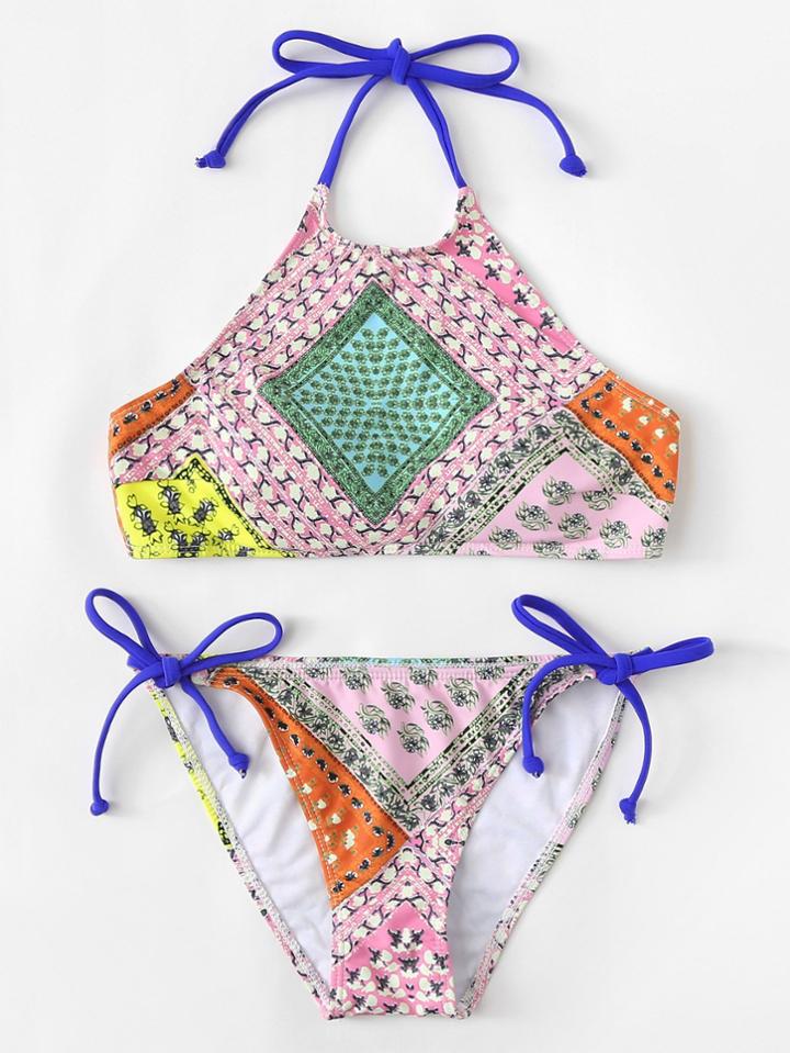 Romwe Mixed Print High Neck Bikini Set