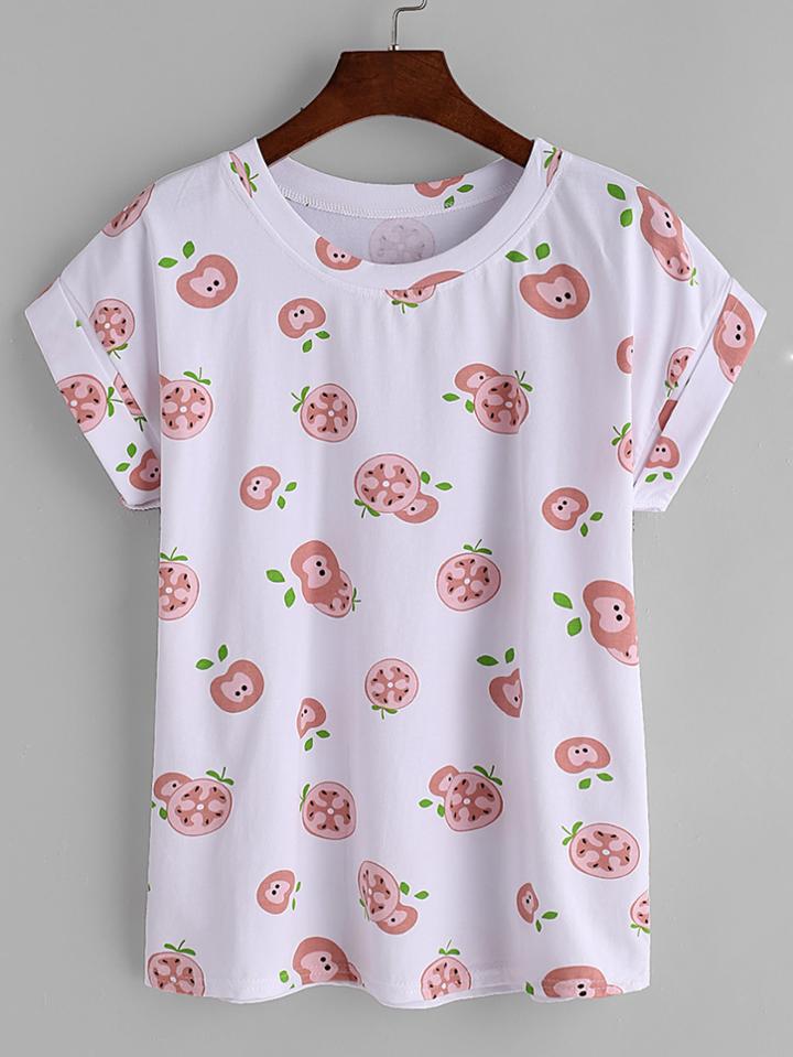 Romwe White Tomatoes Print Cuffed T-shirt