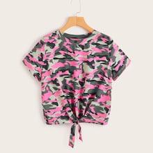 Romwe Tie Front Neon Camo Print Top