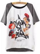 Romwe Color-block Dip Hem Florals T-shirt