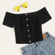 Romwe Button Up Crop Bardot Top