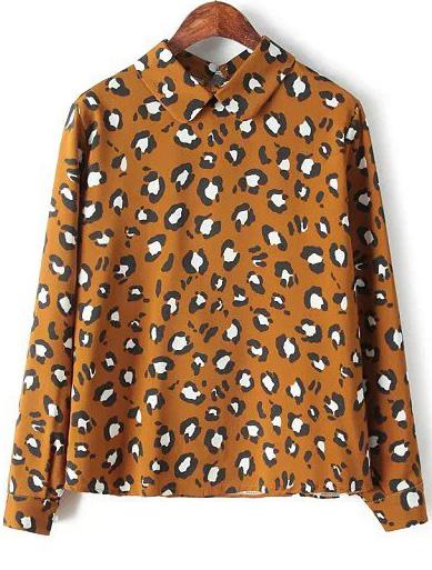 Romwe Yellow Long Sleeve Leopard Loose Blouse