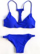 Romwe Blue Triangle Open Back Bikini Set