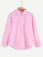 Romwe Pink Vertical Striped Curved Hem Shirt
