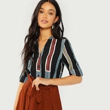 Romwe V Cut Neck Striped Shirt