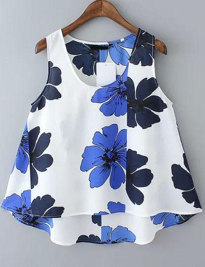 Romwe White Scoop Neck Floral Dip Hem Tank Top