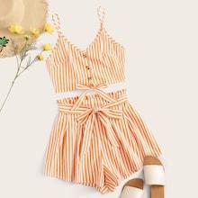 Romwe Striped Button Front Tie Front Top & Belted Shorts Set
