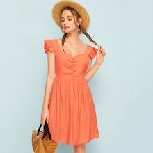 Romwe Ruched Ruffle Trim Zipper Back Dress
