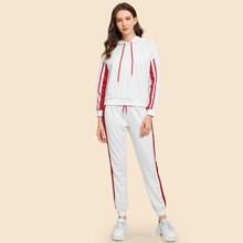 Romwe Drawstring Striped Panel Top With Pants