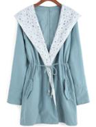 Romwe Hooded Contrast Lace Drawstring Coat