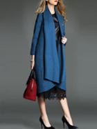 Romwe Lapel Open Front Woolen Long Blue Coat